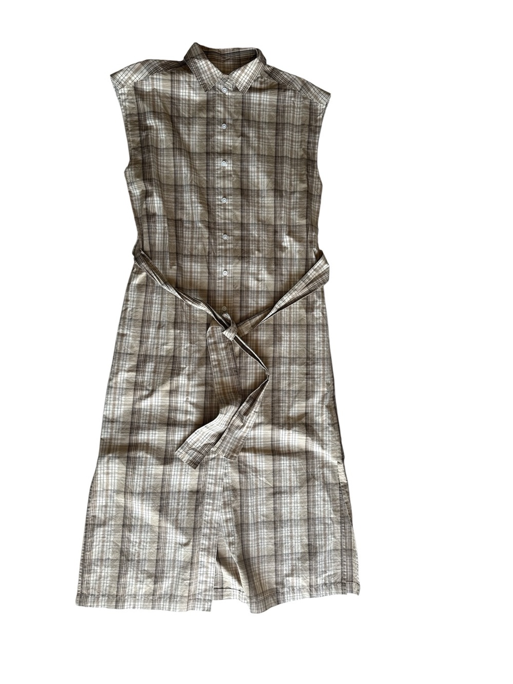 Everlane THE SUPIMA® COTTON SHORT-SLEEVE SHIRT DRESS Beige Plaid Belted US6 - Picture 3 of 7